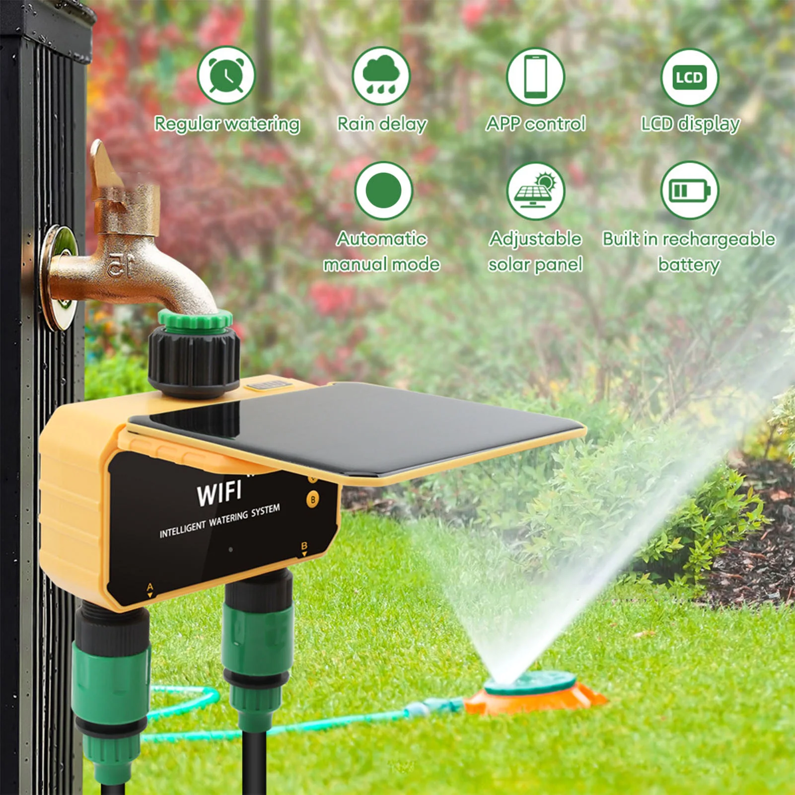 Smart Garden Timer - Solarbetriebener WLAN-Smart-Bewässerungstimer mit Regensensorfunktion, App-Steuerung, 2